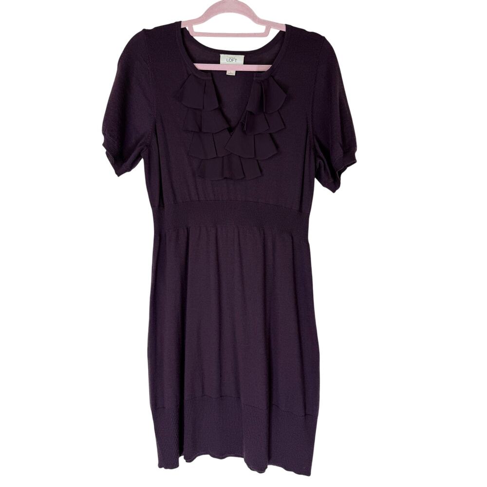 Anny Taylor Loft Eggplant Purple Short Sleeve Merino Knit Sweater Dress Size L